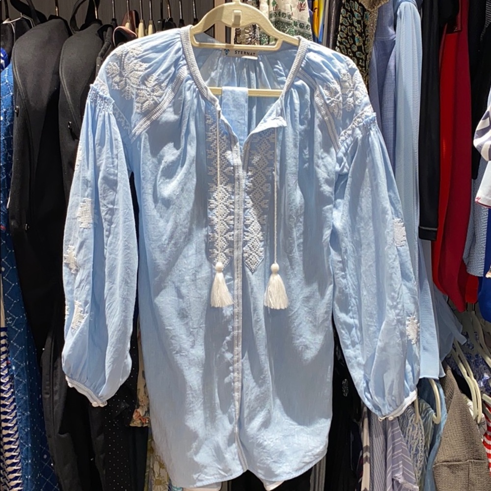 Sternat linen blue cross stitch top